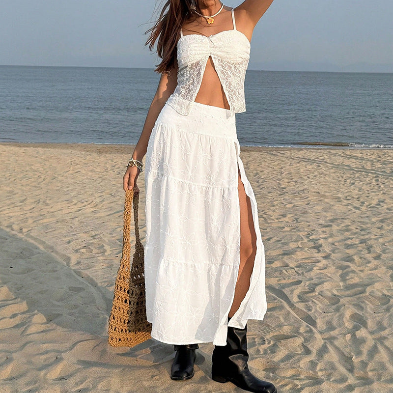 White Boho Maxi Skirt High Slit Embroidered Flowy Summer Vacation