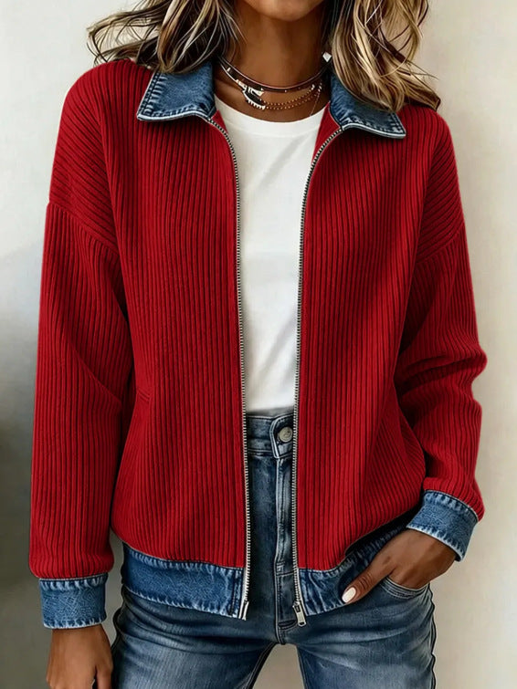Women's Corduroy Denim Patchwork Zip Jacket