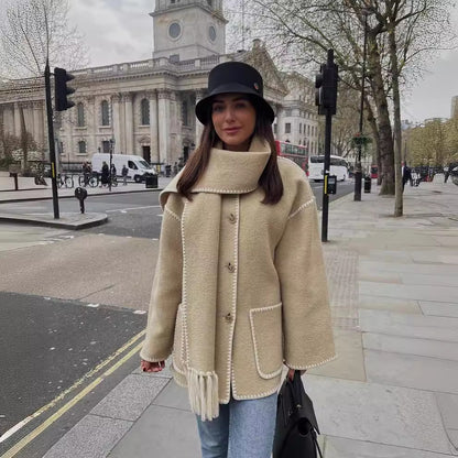 Women's Oversized Faux Wool Scarf Coat With Fringe