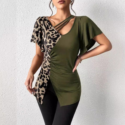 Leopard Print Asymmetric Collar Butterfly Sleeve Top