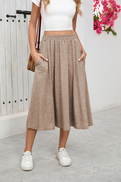 Solid Knit Midi Skirt High Waist A Line Elastic Work
