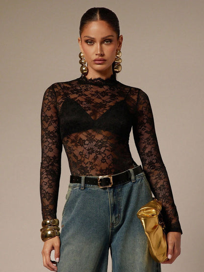 Black Floral Lace Bodysuit Sheer Mesh Mock Neck Top