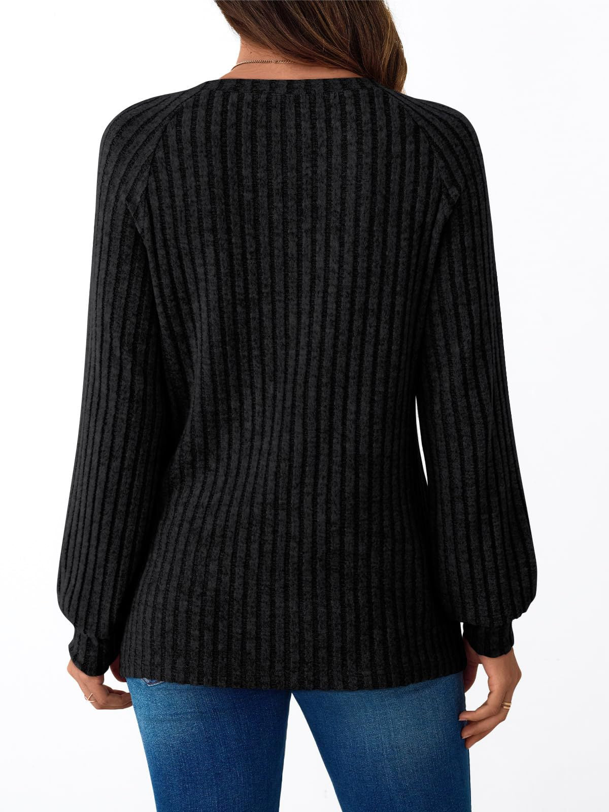 Ribbed Knit Crewneck Sweatshirt with Button Detail
