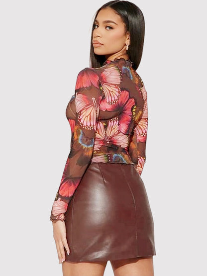Women's Y2K Butterfly Mesh Crop Top Long Sleeve Sheer