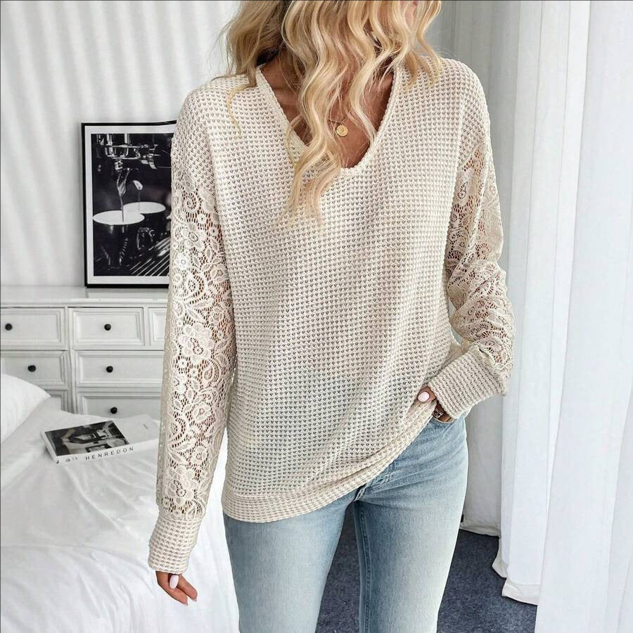 Waffle Knit V Neck Lace Sleeve Pullover Sweater