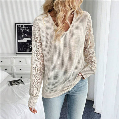 Waffle Knit V Neck Lace Sleeve Pullover Sweater