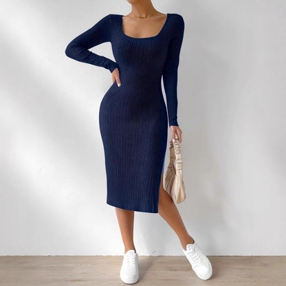 Square Neck Ribbed Bodycon Midi Dress Side Slit