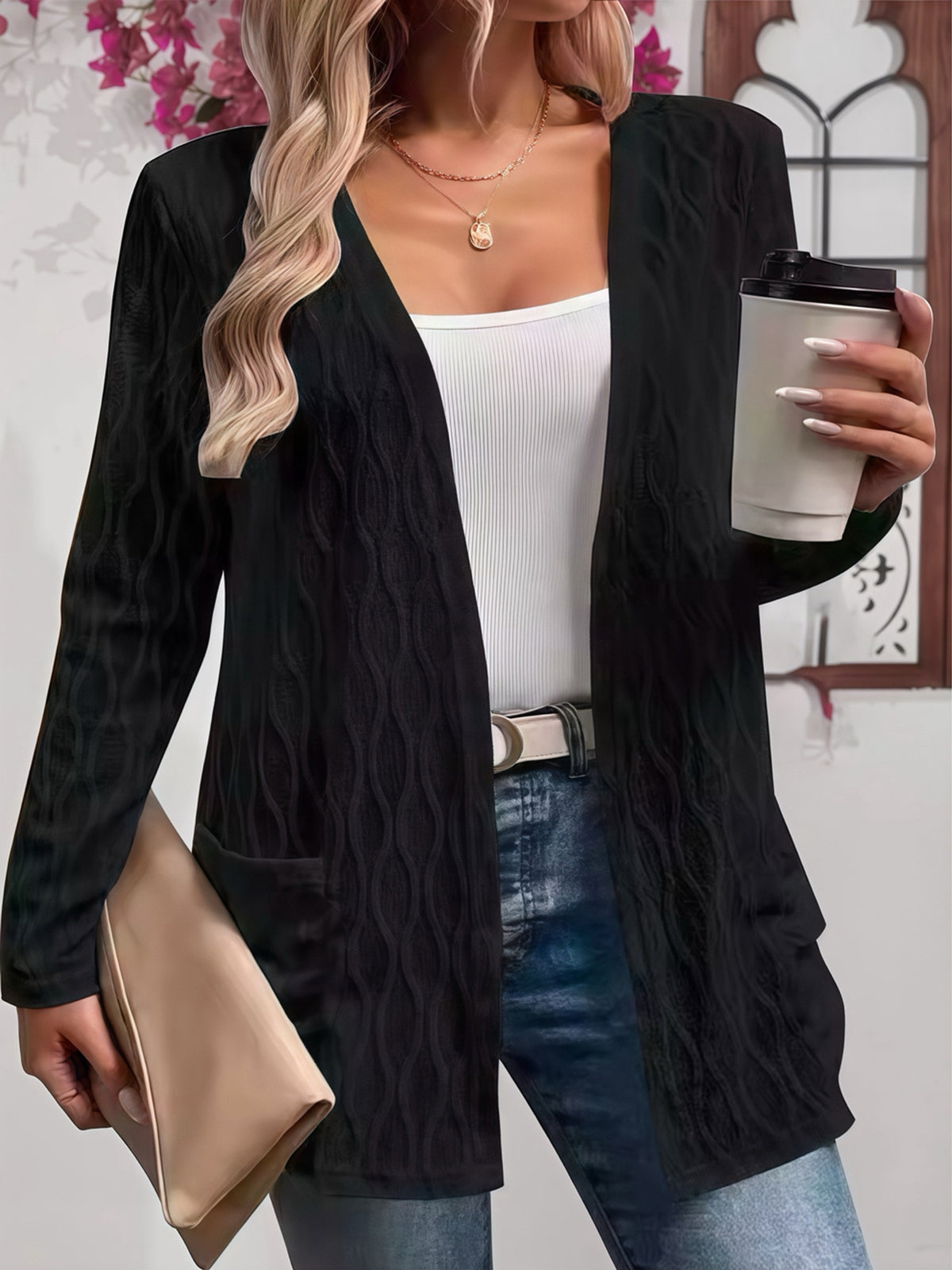 Women's Open Front Cable Knit Cardigan Sweater Pockets