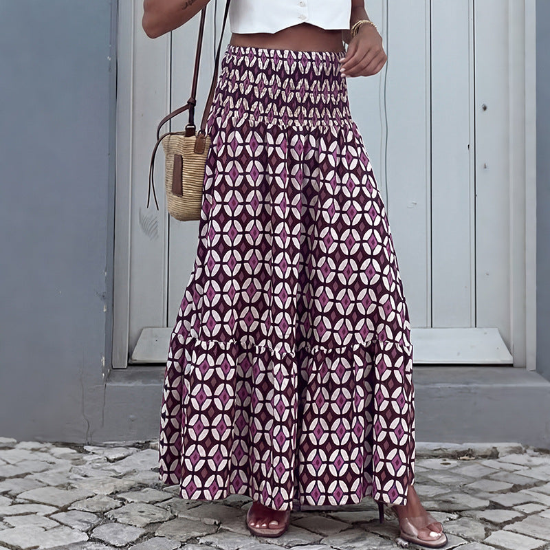 Boho Print Tiered Maxi Skirt Smocked High Waist Resort