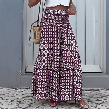 Boho Print Tiered Maxi Skirt Smocked High Waist Resort