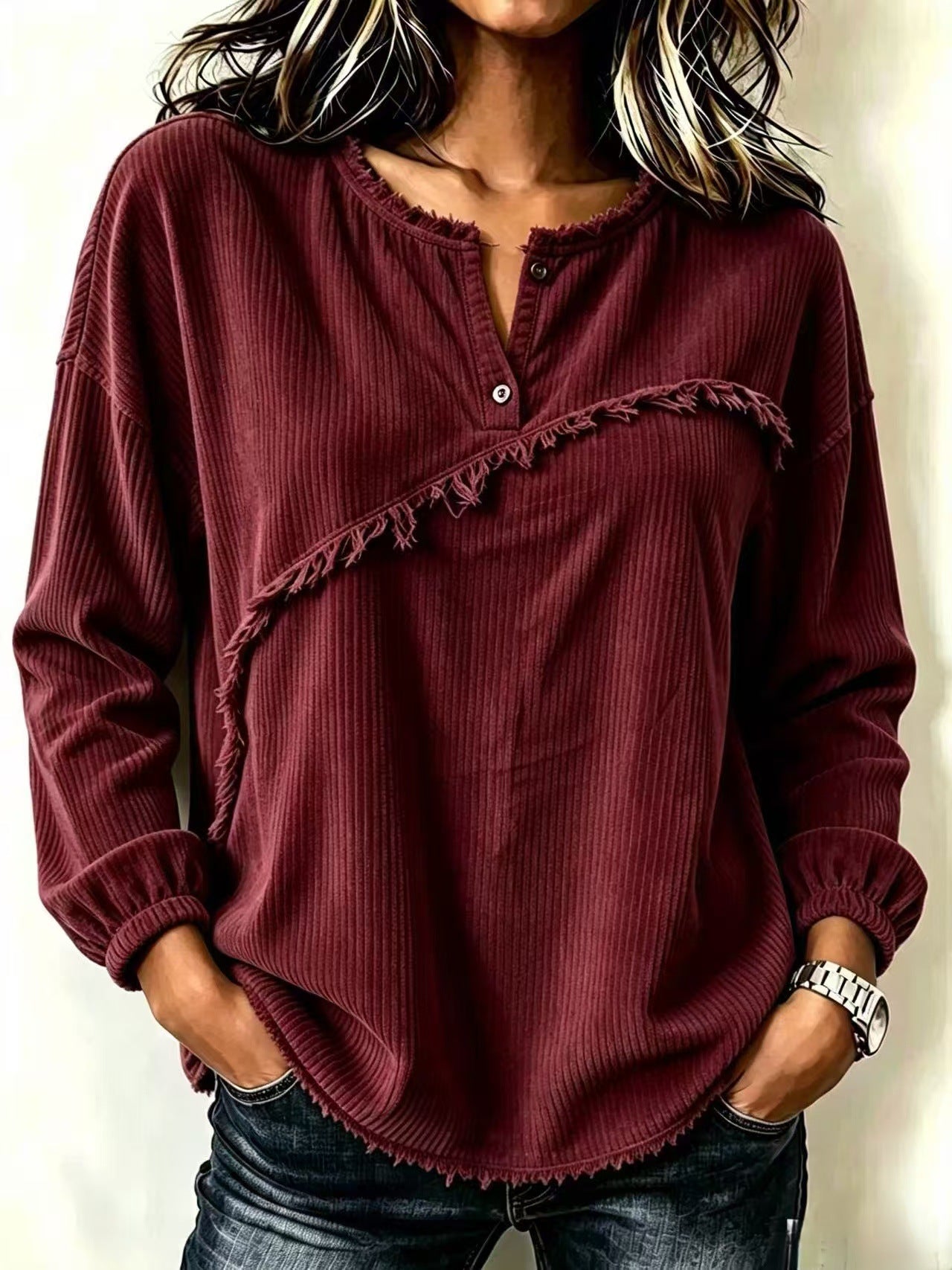 Oversized Corduroy Henley Frayed Hem Long Sleeve Top
