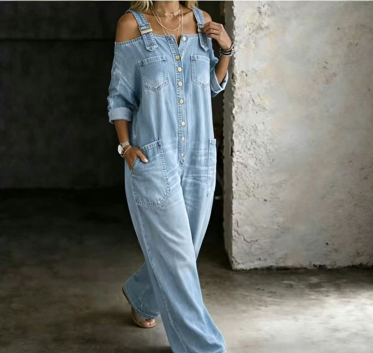 Women Off Shoulder Wide Leg Denim Jumpsuit