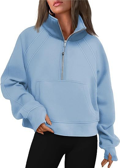 Oversized Half Zip Fleece Cropped Sweatshirt with Pocket