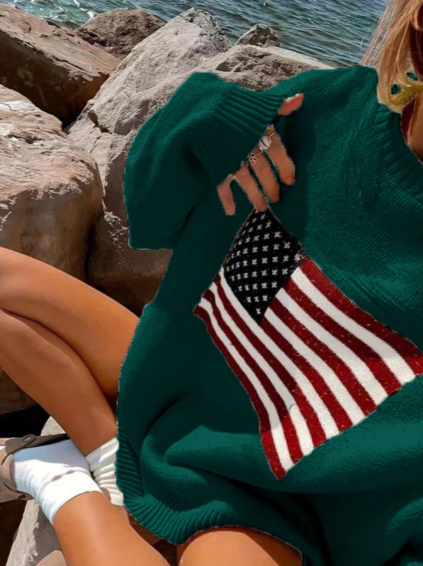 Oversized American Flag Crewneck Knit Sweater