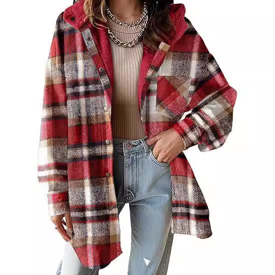 Women's Plaid Flannel Hooded Shacket Jacket