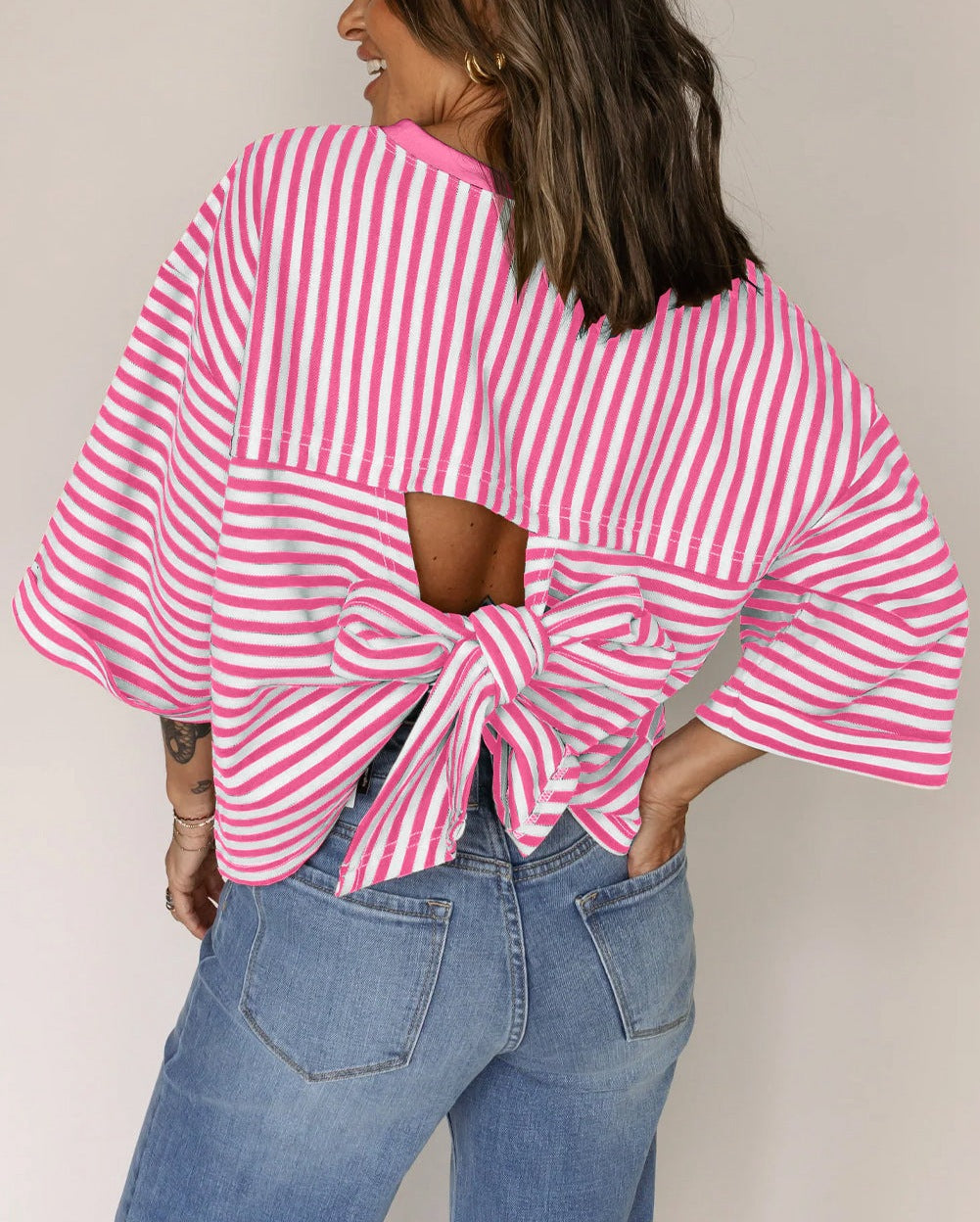 Blue Striped Knit Back Bow Open Back Top Women