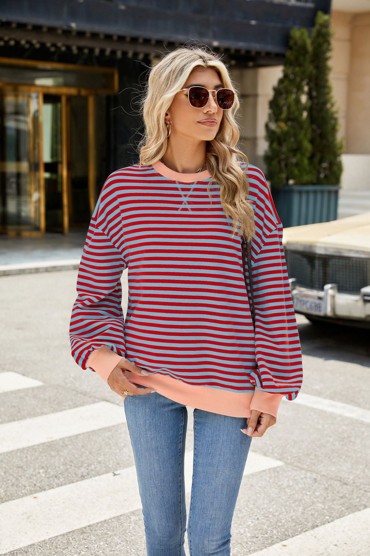 Striped Color Block Crew Neck Loose Fit Long Sleeve Sweatshirt