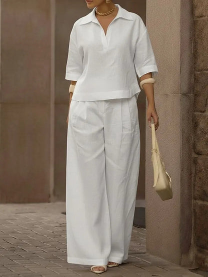 Women Oversized Collared Top Wide Leg Pants Matching Set