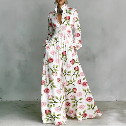 Boho Floral Maxi Dress Long Sleeve Button Down Pleated