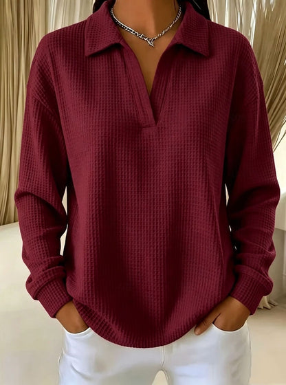 Waffle Knit Collared V Neck Long Sleeve Oversized Tunic Top