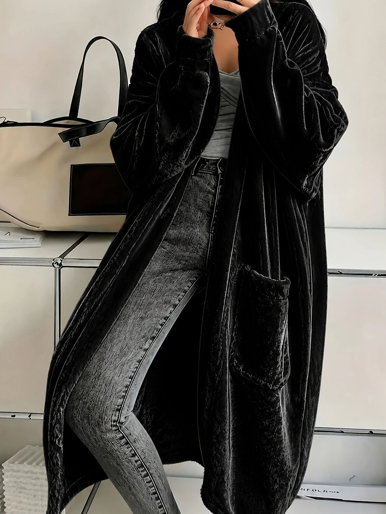 Women's Velvet Duster Coat Long Sleeve with Pockets