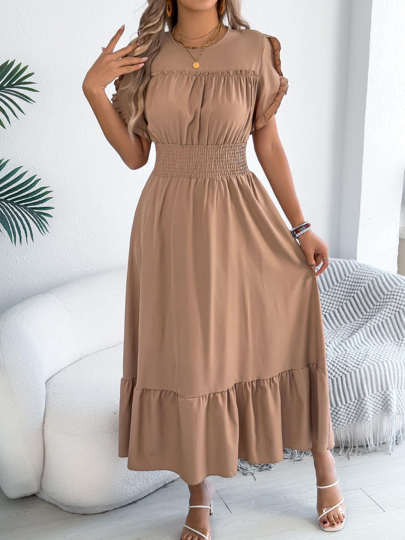 Ruffle Sleeve Smocked Waist Maxi Dress Casual Flowy
