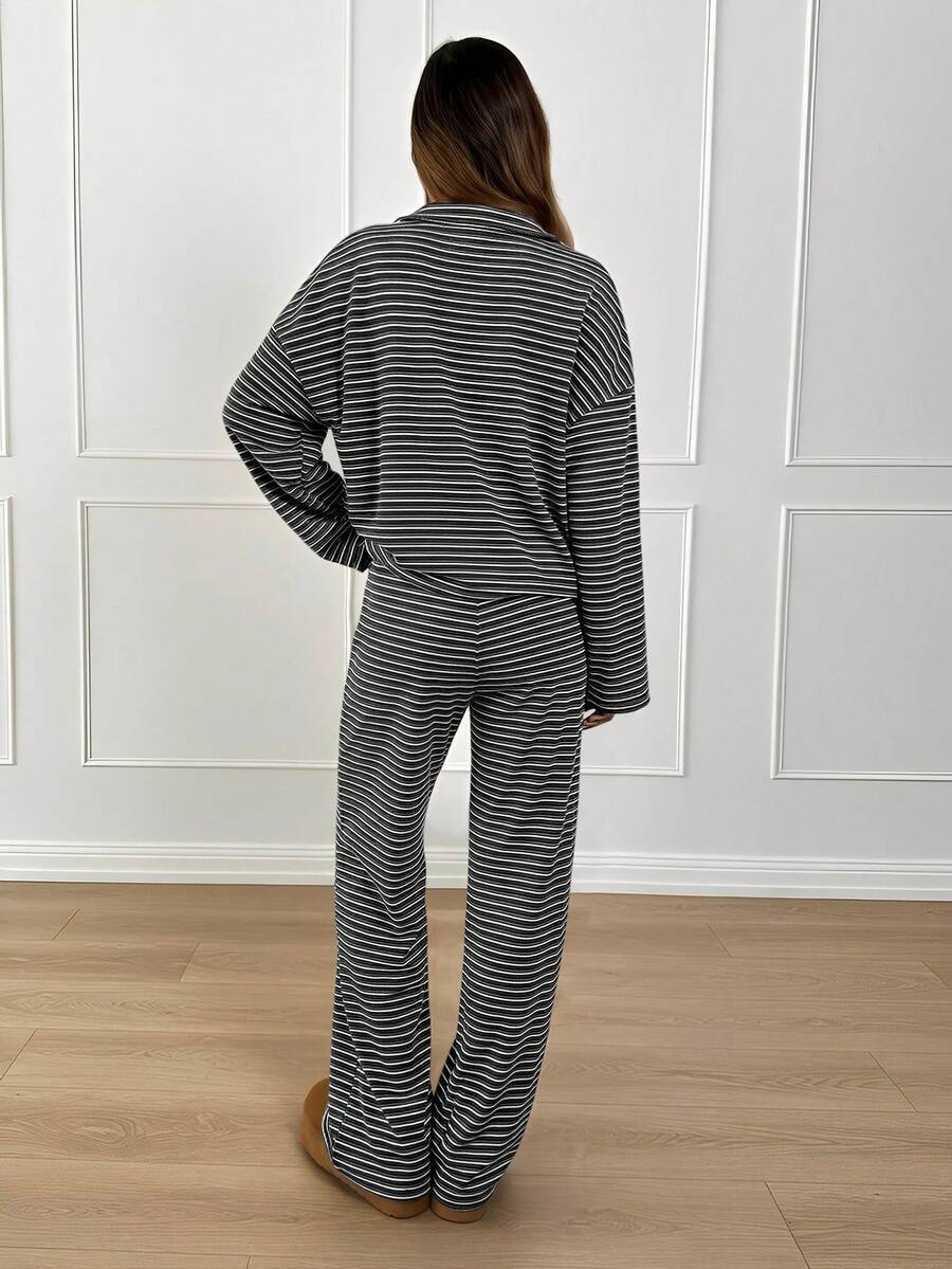 Striped Lounge Set Women Collared Pullover Wide Leg Pants