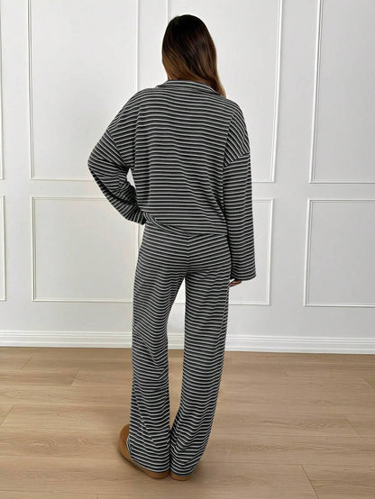 Striped Lounge Set Women Collared Pullover Wide Leg Pants