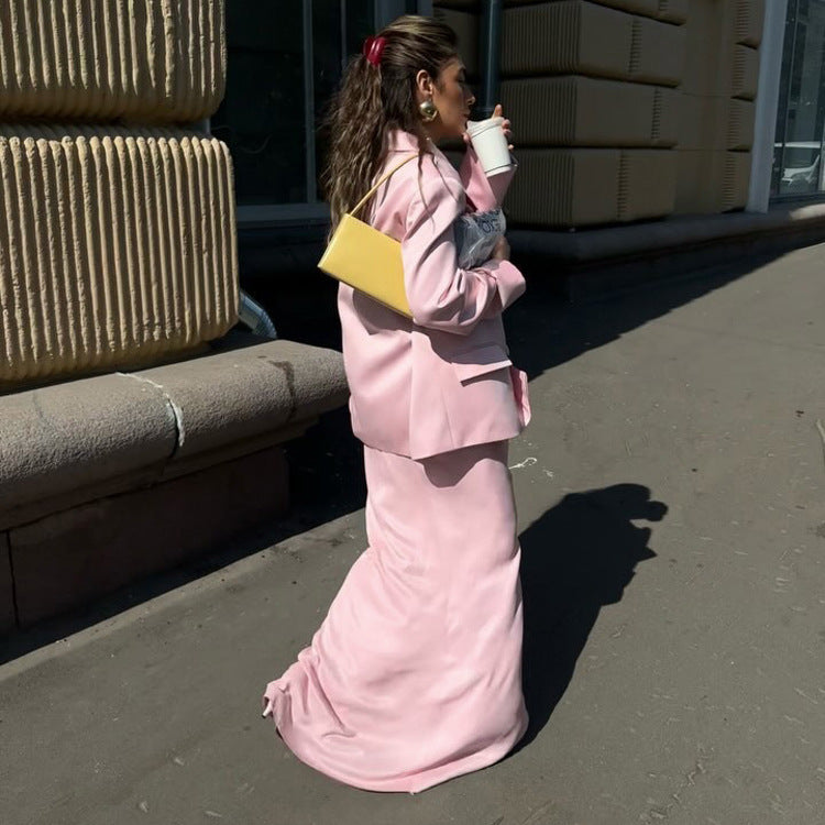 Women's Satin Blazer Maxi Skirt Two Piece Set