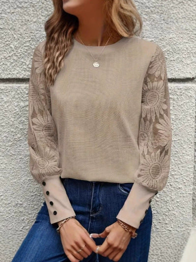 Waffle Knit Floral Lace Sleeve Crew Neck Casual Top