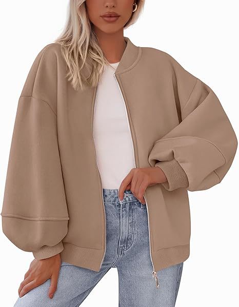 Women's Oversized Zip Up Bomber Jacket Lantern Sleeve