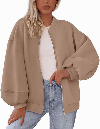 Women's Oversized Zip Up Bomber Jacket Lantern Sleeve