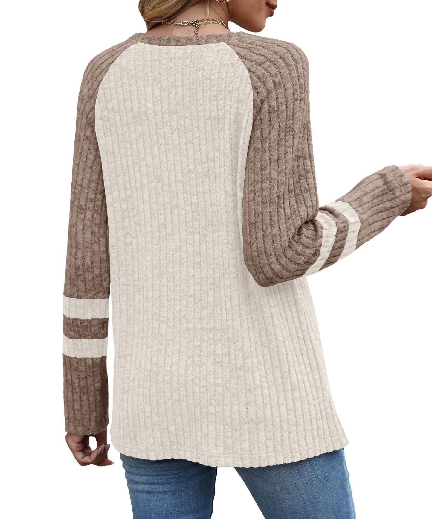 Colorblock Ribbed Knit Sweater Women Casual Pullover Top