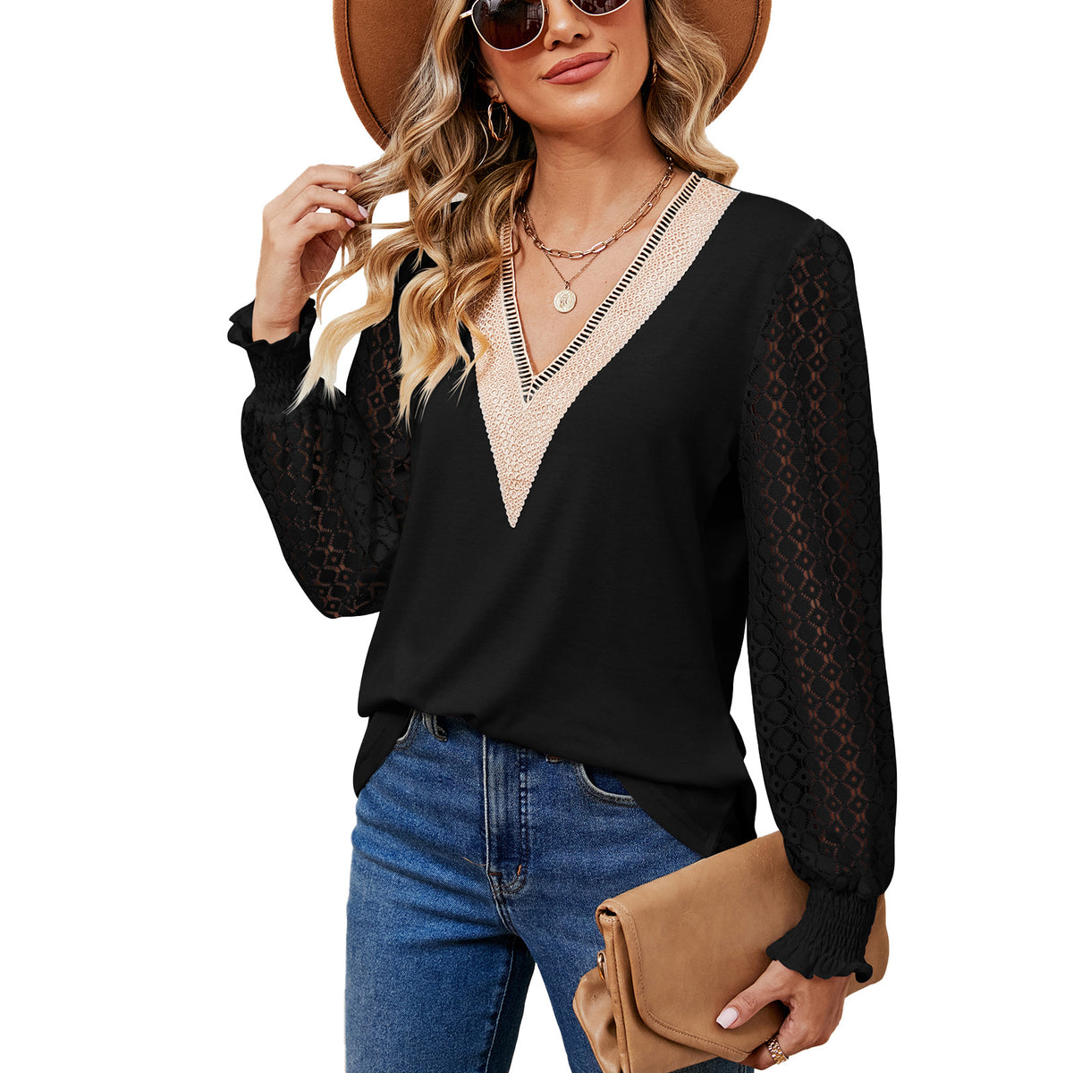 V-Neck Lace Long Sleeve Loose Fit Tunic Top