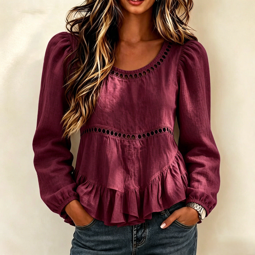 Women's Puff Sleeve Crochet Trim Peplum Cotton Linen Blouse
