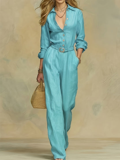 Women's Button Down Belted Wide Leg Jumpsuit