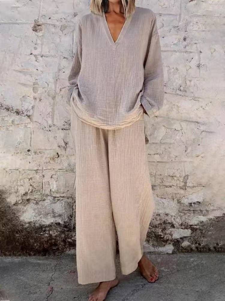 Women's Solid V Neck Wide Leg Pants Casual Two Piece Set