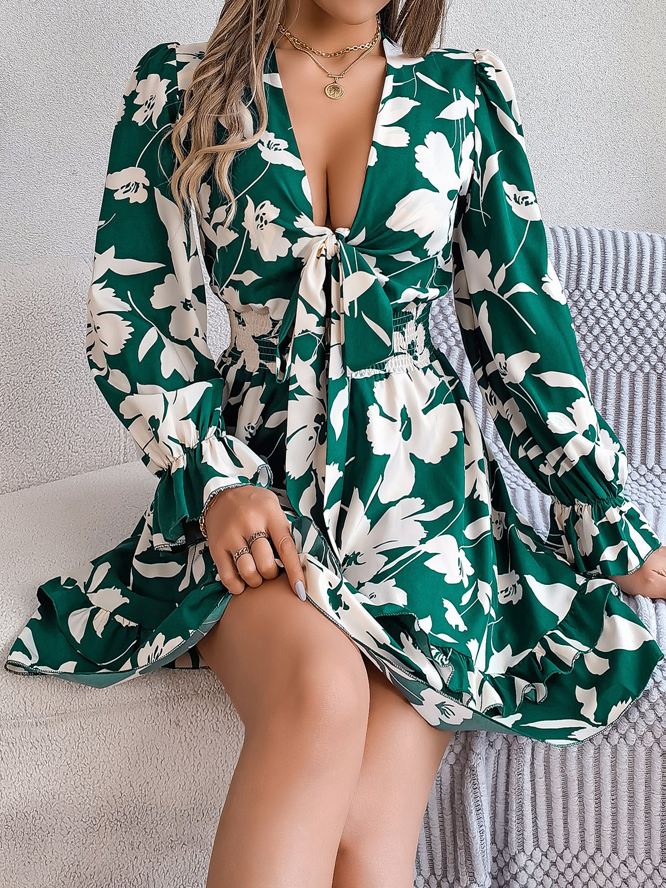 Floral V Neck Long Sleeve Ruffle Mini Dress