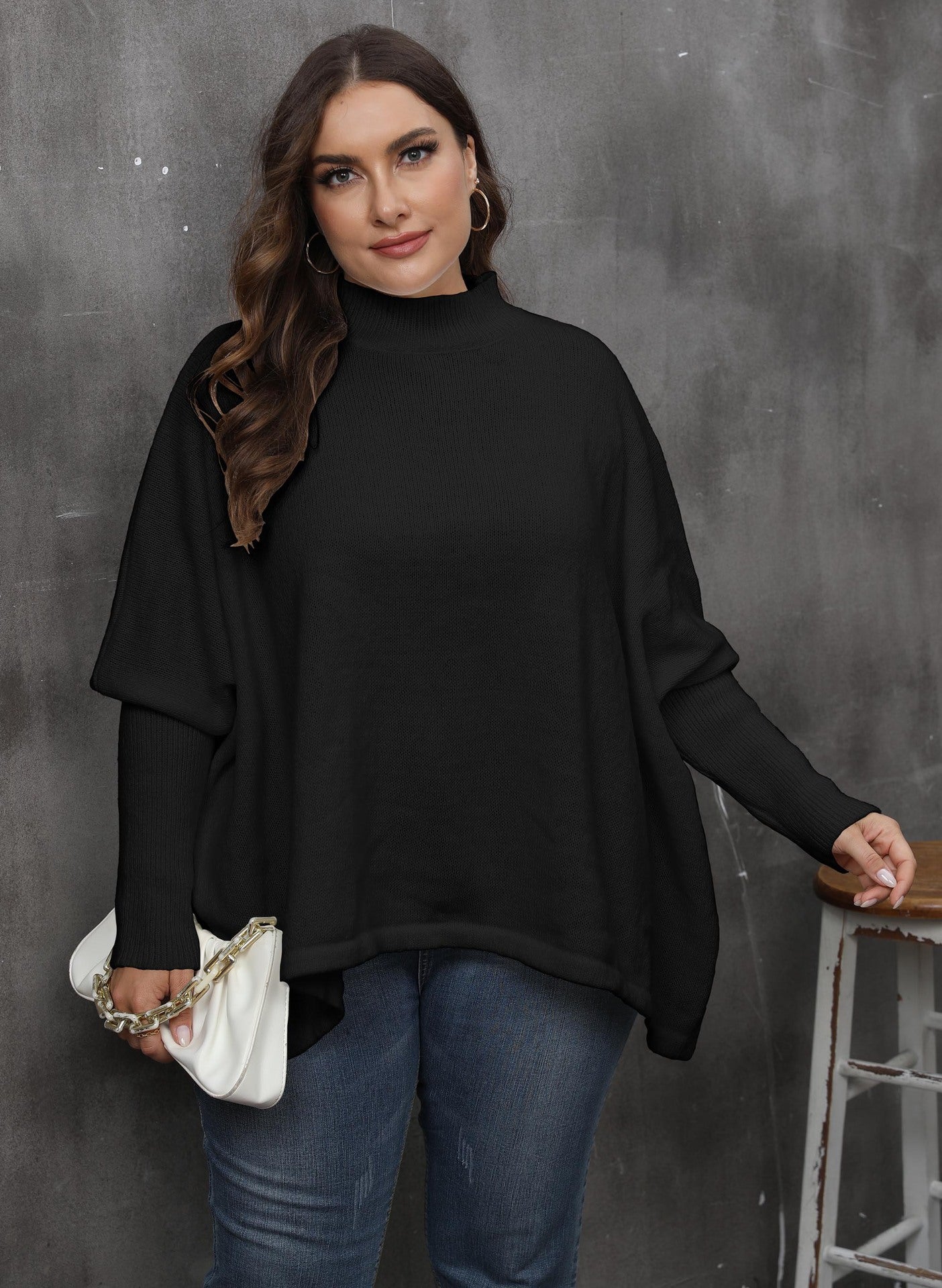 Women's Loose Split Bat Sleeve Semi-turtleneck Sweater