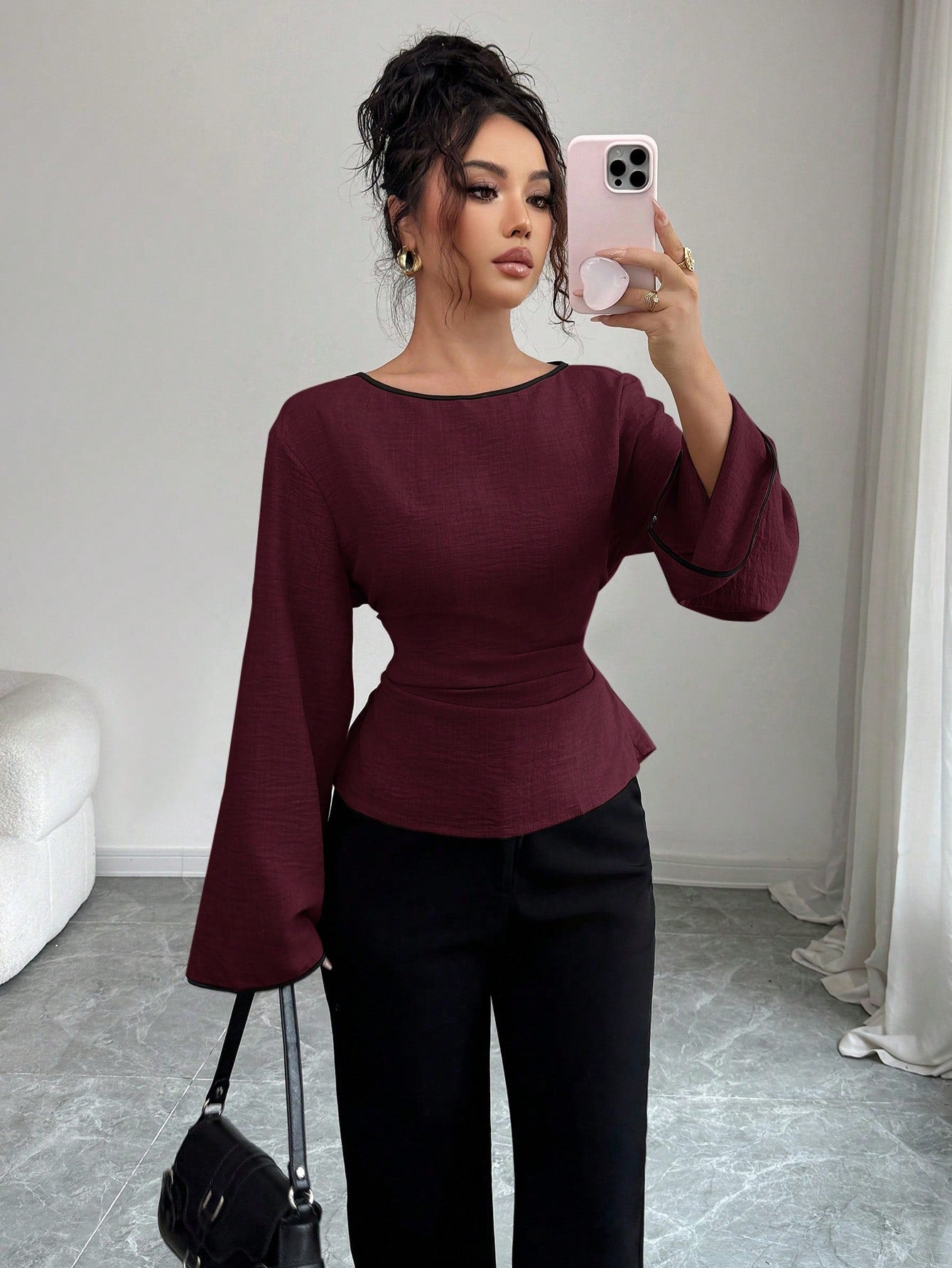 Women's Elegant Boat Neck Bell Sleeve Cinched Waist Blouse