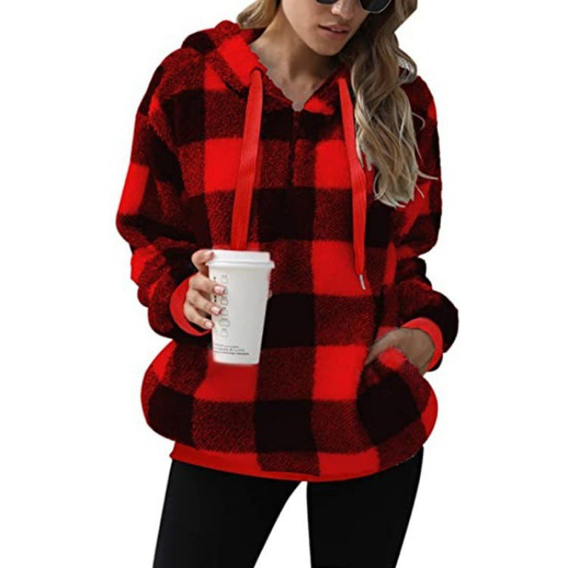 Women's Buffalo Plaid Sherpa Hoodie Fleece Pullover