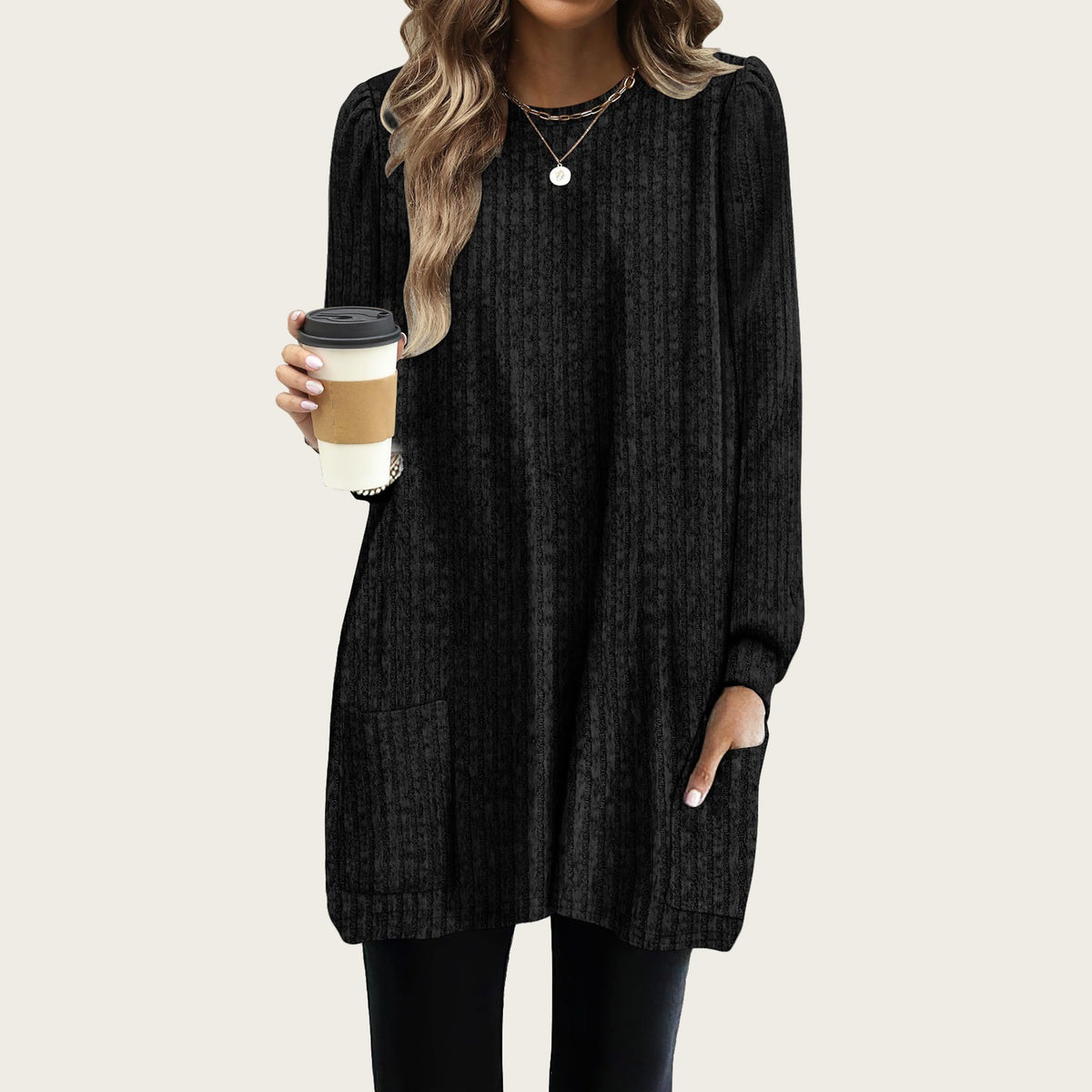 Women's Oversized Long Bubble Sleeve Tunic Top with Pockets