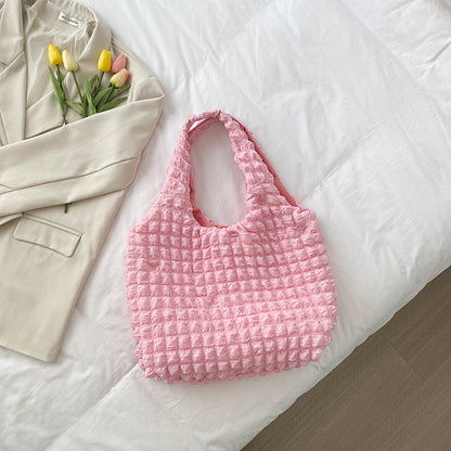 Textured Bubble Knit Shoulder Tote in Rose Pink
