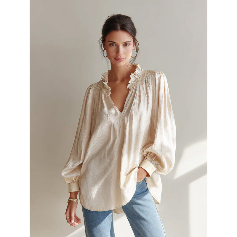 Solid Crinkle Blouse Ruffle V Neck Long Sleeve Top