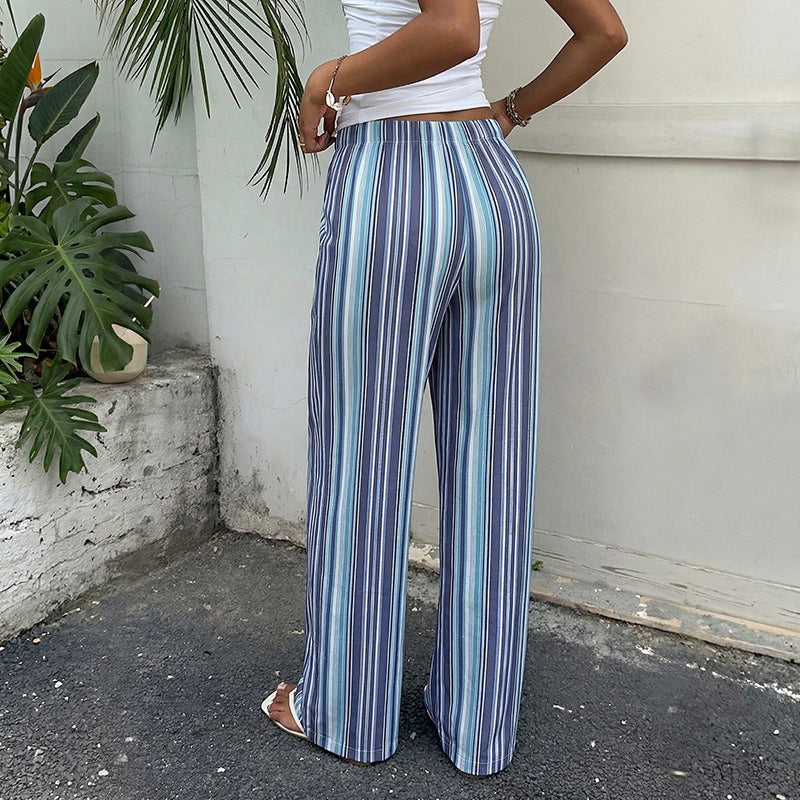 Blue Striped Drawstring Wide Leg Pants Casual Summer Trousers