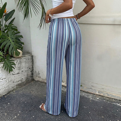 Blue Striped Drawstring Wide Leg Pants Casual Summer Trousers