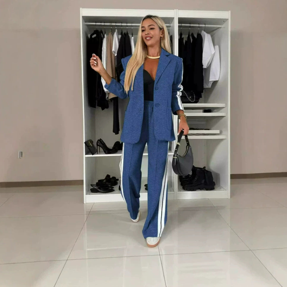 Women's 2 Piece Side Stripe Blazer Wide Leg Pants Set