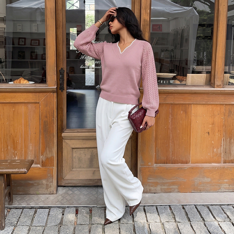 Solid Knit V Neck Sweater Contrast Trim Pointelle Sleeve