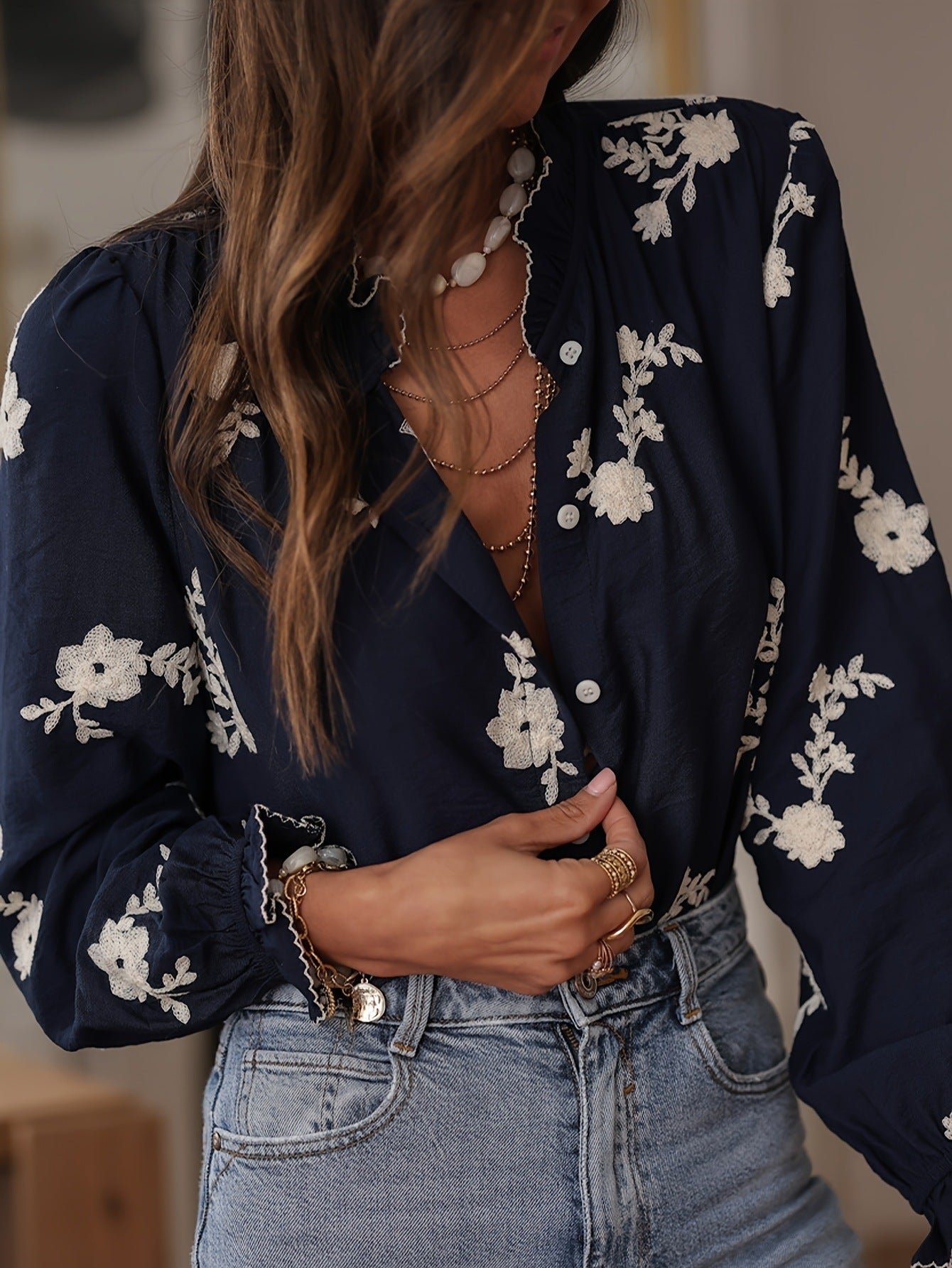 Women's Embroidered Floral Balloon Sleeve Button Down Blouse