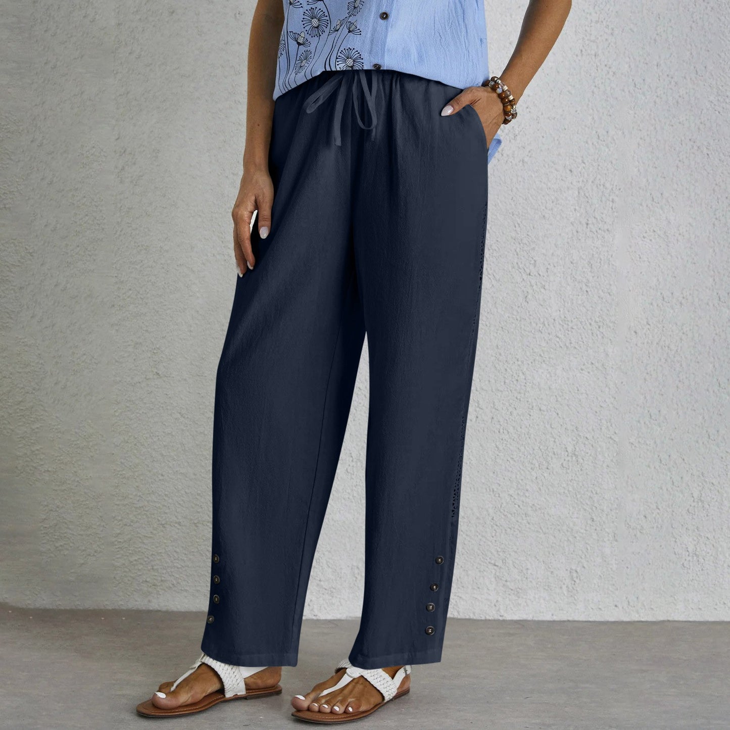Women's Cotton Linen Pants Drawstring Eyelet Button Hem